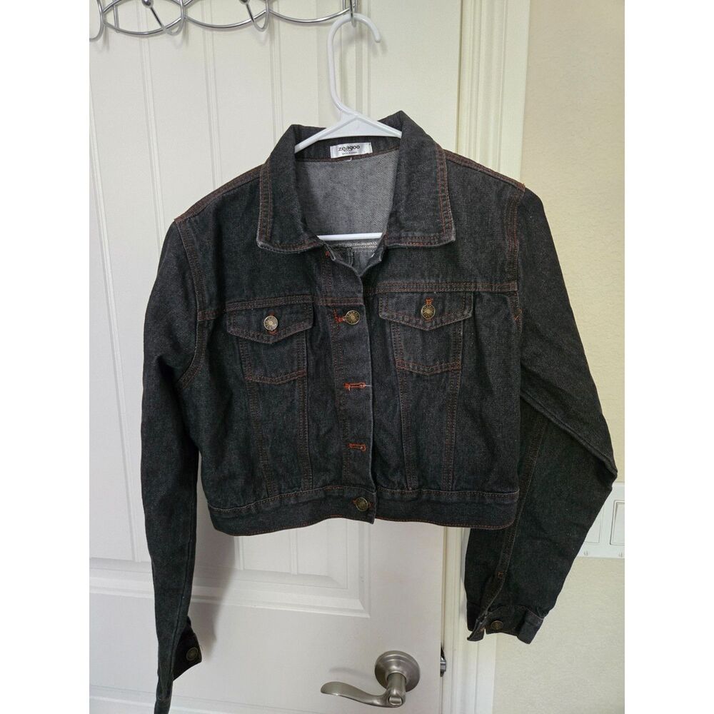 Zeagoo Women’s Large Black Denim Jacket Cropped Button Front Trucker Jean Coat